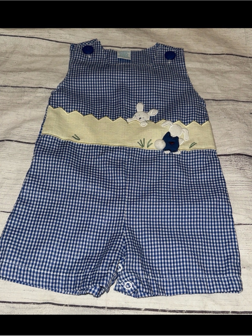 Ellemenno Baby Boy Blue Gingham Jon Jon Easter Bunny Romper Size 6-9m